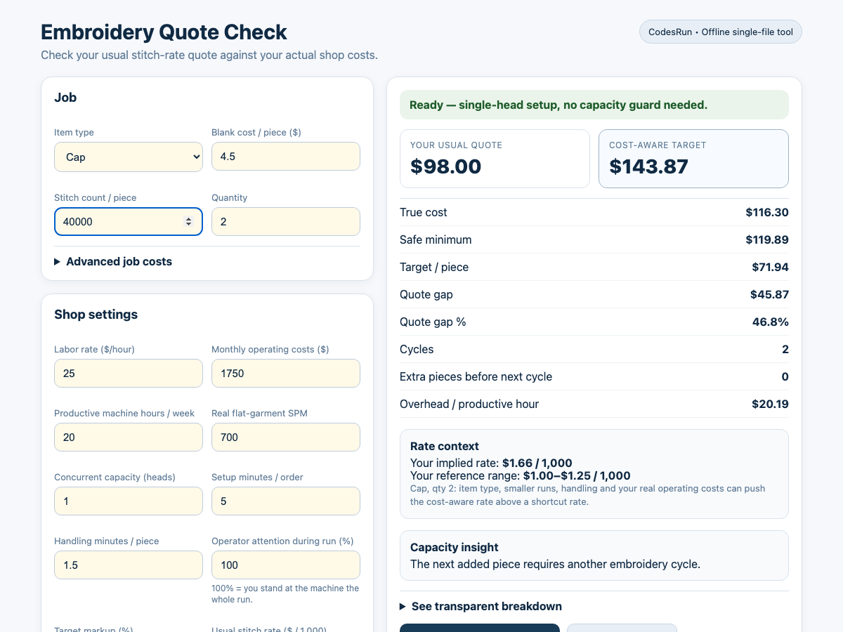 Actual v0.7.2 quote-check interface showing job inputs and cost-aware results